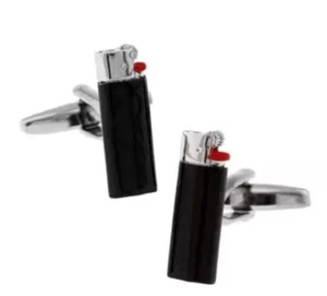 Black Lighter Cufflinks Silver and Black Steel & Enamel NEW - Picture 1 of 3