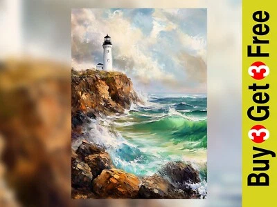Coastal Lighthouse Waves impresión de 5"x7" en papel mate | Pintura al óleo audaz de paisaje marino Foto 1 de 4