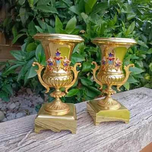 Vintage pair of French Mantel vases, Brass Garnitures - Picture 1 of 10