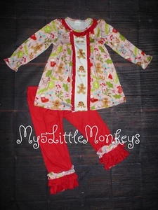 NEW Boutique Gingerbread Man Girls Tunic Ruffle Leggings Christmas Outfit Set - Picture 1 of 4