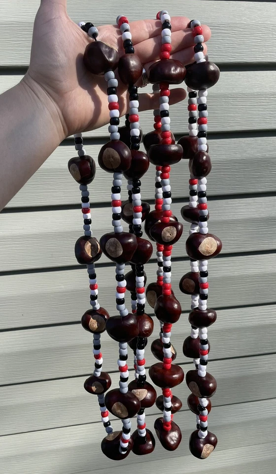 Real Buckeye Necklace w/ Scarlet Gray Beads 32" Fits for Ohio State Football Fan - Image 1 of 1