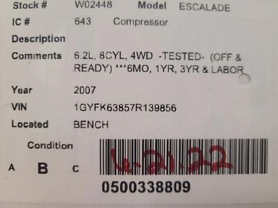 Used A/C Compressor fits: 2007 Cadillac Escalade w/rear AC Grade B - Image 1 of 4