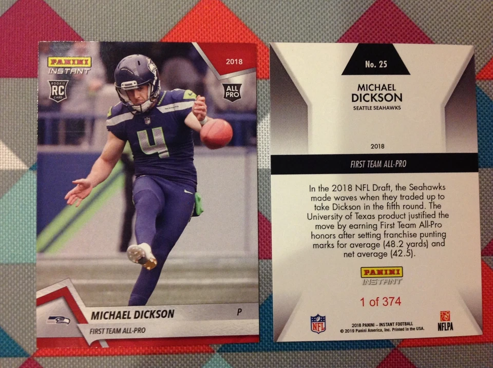 Michael Dickson #25 Seahawks RC 2018/2019 Panini Instant Red First Team All-Pro - Image 1 of 1