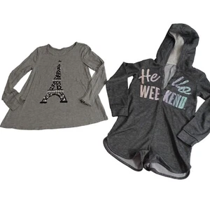 Justice Gray Girls Long Sleeve Top and Hooded Long Sleeve Romper Girls Size 6 7 - Picture 1 of 13