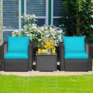 3PCS Rattan Patio Conversation Furniture Set Outdoor w/ Turquoise Cushions - Picture 1 of 10