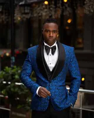 Men's Floral Jacquard Wedding Suit Shawl Lapel Tuxedos Slim Fit Groom Wear 3 Pcs - Image 1 of 4