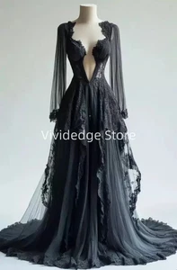 Gothic Wedding Dresses Lace Appliques V Neck Long Sleeves A-Line Bridal Gowns  - Picture 1 of 5