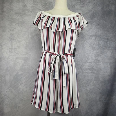 Женский экспресс-комбинезон большой в белую полоску с открытыми плечами с оборками на поясе повседневный джемпер - Изображение 1 из 4