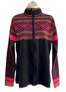 VTG Obermeyer Woman's Sz L Full Zip Black Pink Yellow Fair Isle Cardigan Sweater - Picture 1 of 11