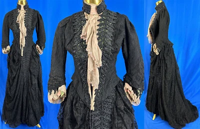 Victorian Black Chantilly Lace Jet Beaded Bustle Skirt Train Ball Gown Dress VTG - Image 1 of 4