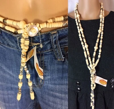 NWT,TALBOTS LONG BEADED,BELT/ NECKLACE Beige Silver,Tassels,Adjustable,2 Strands - Image 1 of 4