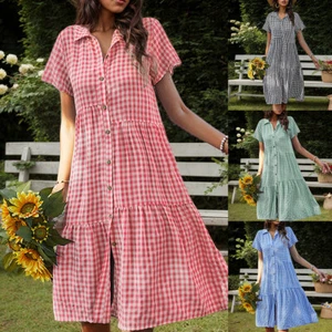 Women Plaid Check Shirt Dress Short Sleeve Summer Beach Button Down Midi Dresses - Picture 1 of 30