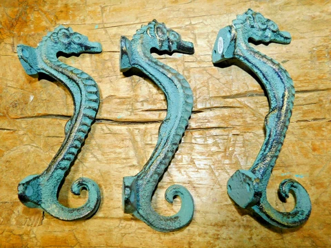 3 Cast Iron NAUTICAL SEAHORSE Style Drawer Pull, Barn Handle, Door Handles Beach Cover