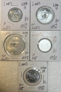 1952 & 1980 LAOS 10, 20 & 50 Cents and 10 & 20 Att Uncirculated BU 5 Coin Lot - Picture 1 of 12