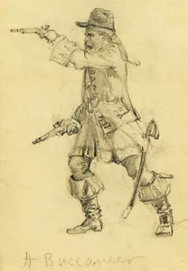 Pistola de puntería pirata. Nuevas tarjetas de dibujo de 19c de destacado artista de la Guerra Civil de Estados Unidos. - Imagen 1 de 2