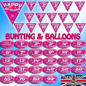 Pink Happy Birthday Bunting Flags Banner Balloon Age 1st to 90th GIRLS Mum Wife