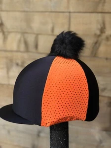 Riding hat silk fur Pom black and orange sparkly skull cap cover - Picture 1 of 20