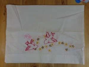  White Pillowcase RED BIRDS YELLOW FLOWERS Standard Size PARTIALLY EMBROIDERED - Picture 1 of 6