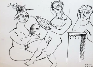 Abstract composition ink painting nude figures signed - Picture 1 of 11