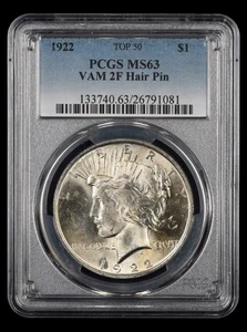 1922 $1 VAM 2F Hair Pin Top 50 PCGS MS63 - Foto 1 di 2