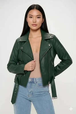 Chaqueta de cuero informal para mujer de piel de cordero genuina hecha a mano elegante motocicleta Foto 1 de 4