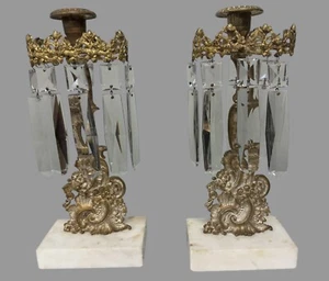 Pair Of Ornate Antique Victorian Brass & Marble Candlesticks w Prisms - Picture 1 of 8