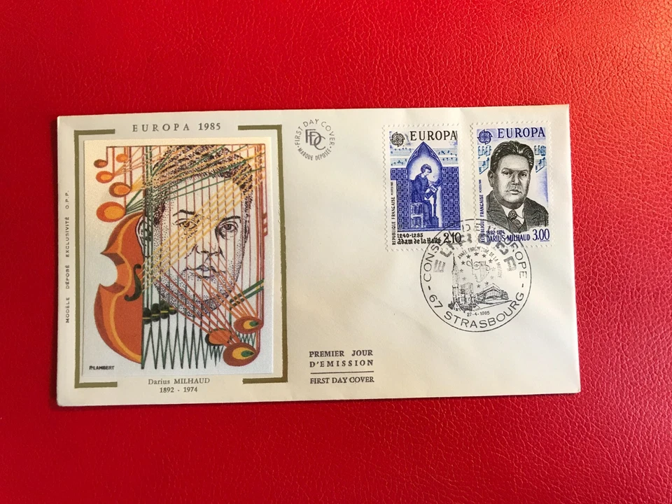 FRANCE FRANCAISE 1985 FDC SILK EUROPA DARIUS MILHAUD ADAM DE LA HALLE COMPOSER - Image 1 of 1