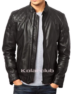 Leather Jacket Motorcycle Biker Men's Black Genuine Real Mens Vintage Coat - Picture 1 of 7