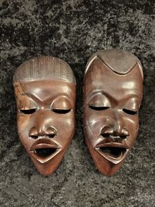Vintage Pair Of African Tribal Hardwood Masks Hand Carved Hanging Male Female