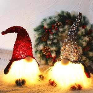 12" Lighted Christmas Gnome, Handmade Sequins Hat Scandinavian Swedish Tomte - Picture 1 of 7