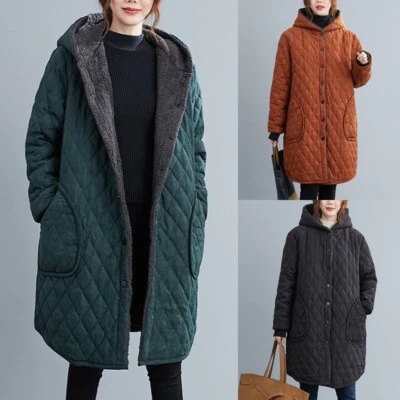 Women Winter Hooded Puffer Coat Jacket Fleece Lined Mid-length Pocket Loose - Image 1 of 4