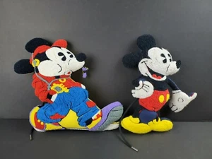 Pie-eyed Mickey Mouse Yarn Pile Front Hand-made Throw Pillows Unique Set of 2 - Picture 1 of 10