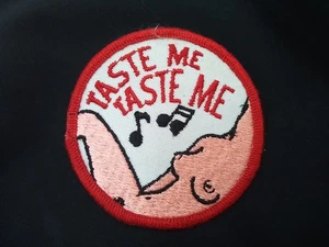 NAUGHTY TASTE ME EMBROIDERED SEW-ON PATCH UNUSED VINTAGE NUDE LADY MUSIC NOTES - Picture 1 of 9