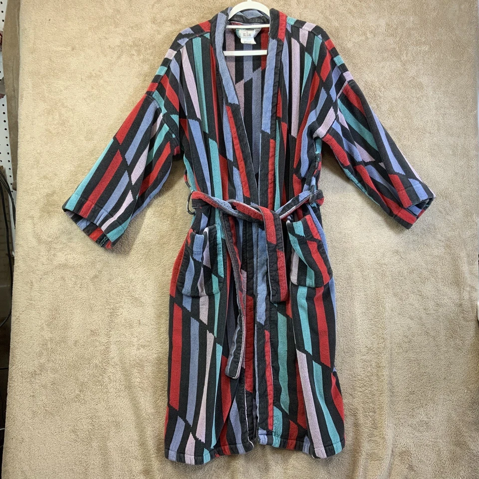 Bata de tela de rizo Bill Blass de colección adulto algodón pesado a rayas negro azul rojo azteca Foto 1 de 4