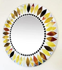 Round yellow & orange petal design mosaic wall mirror 40cm-hand made in Bali-NEW - Picture 1 of 7