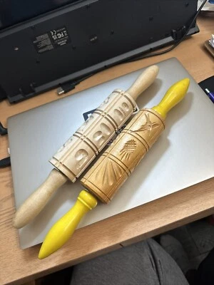 Springrele Wooden Molded Rolling Pin Birds, Turtle Flo with Yellow Handles X2 - Image 1 of 4