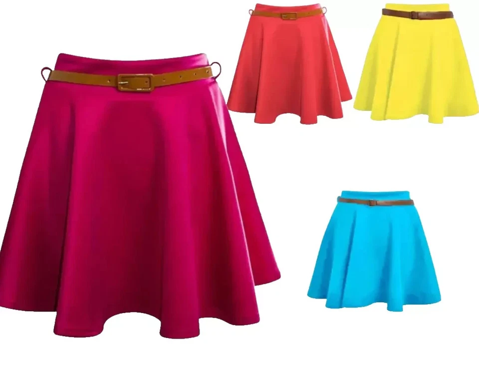 New Women Plain Belted Flared Short Mini Skater Ladies Swing Party Skirt 8-22