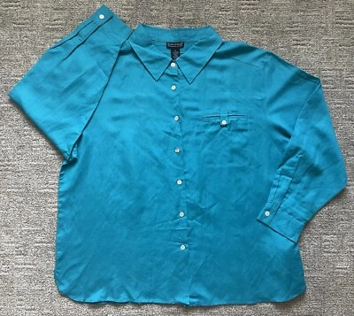 Camisa social feminina Dialogue de linho com botões azul-petróleo tamanho 1X manga longa em excelente estado usado - Imagem 1 de 4