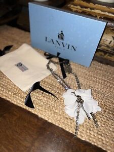 Boxed LANVIN PARIS White Silk Petal Necklace, White Crystals