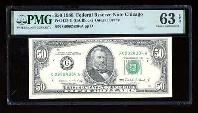 DBR 1988 $50 FRN Chicago Fr. 2123-G PMG 63 EPQ Serial G09924304A - Image 1 of 2