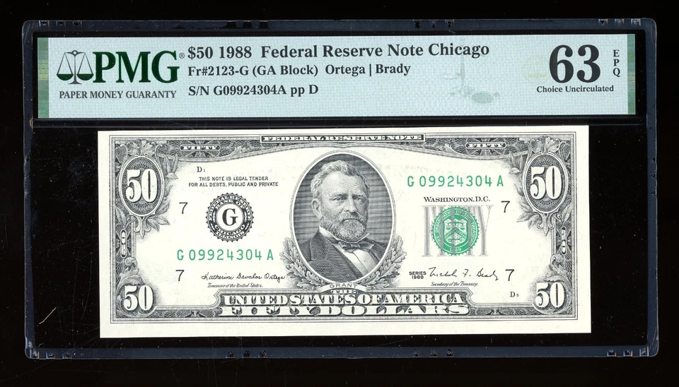 DBR 1988 $50 FRN Chicago Fr. 2123-G PMG 63 EPQ Serial G09924304A - Image 1 of 2
