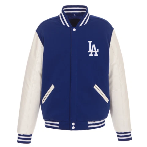 MLB Los Angeles Dodgers Reversible Fleece Jacket PVC Sleeves 2 Front Logos JHD Cover