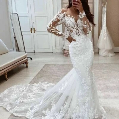 Mermaid Wedding Dresses Long Sleeves Lace Appliques V-Neck Illusion Bridal Gown - Image 1 of 4