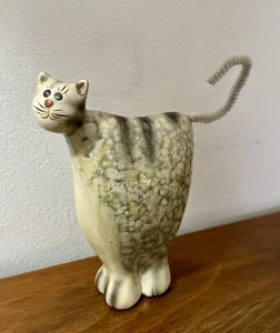 Cat Figurine Gray Striped Hand Sponge Painted Whimsical Clay 4.5” Tall - Picture 1 of 8
