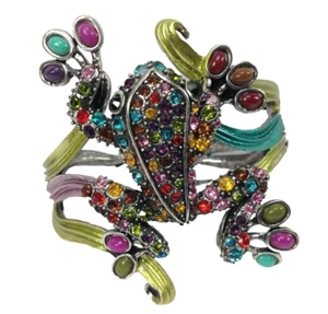 Yuhong FROG Chunky Rhinestone Bling Silvertone Clamper Cuff Statement Bracelet - Picture 1 of 11