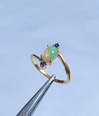 Natural Ethiopian Opal Oval Cabochon Ring 925 Silver Gold Plated Fine Jewelry - Image 1 of 4