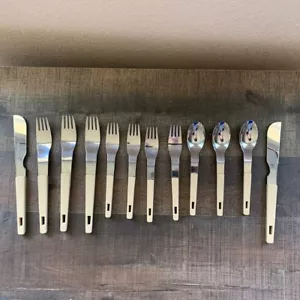 Vintage Oxford Hall Japan MCM Stainless Steel Flatware set with cream accents - Picture 1 of 9