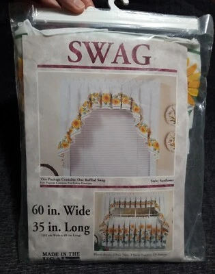 NOS Vintage ABERDEEN Ruffled Swag Curtain SUNFLOWERS 60"W x 35"L ~ Made in USA - Image 1 of 4