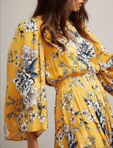 Witchery Yellow Multi Floral Pleated Midi Dress Size 10 Boho flowing Fit & Flare - Picture 1 of 10