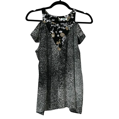 Blusa Kenzo Paris Hombro Frío Talla 38 EE. UU. 6 Negra Gris Blanca Seda Manga Corta Foto 1 de 4